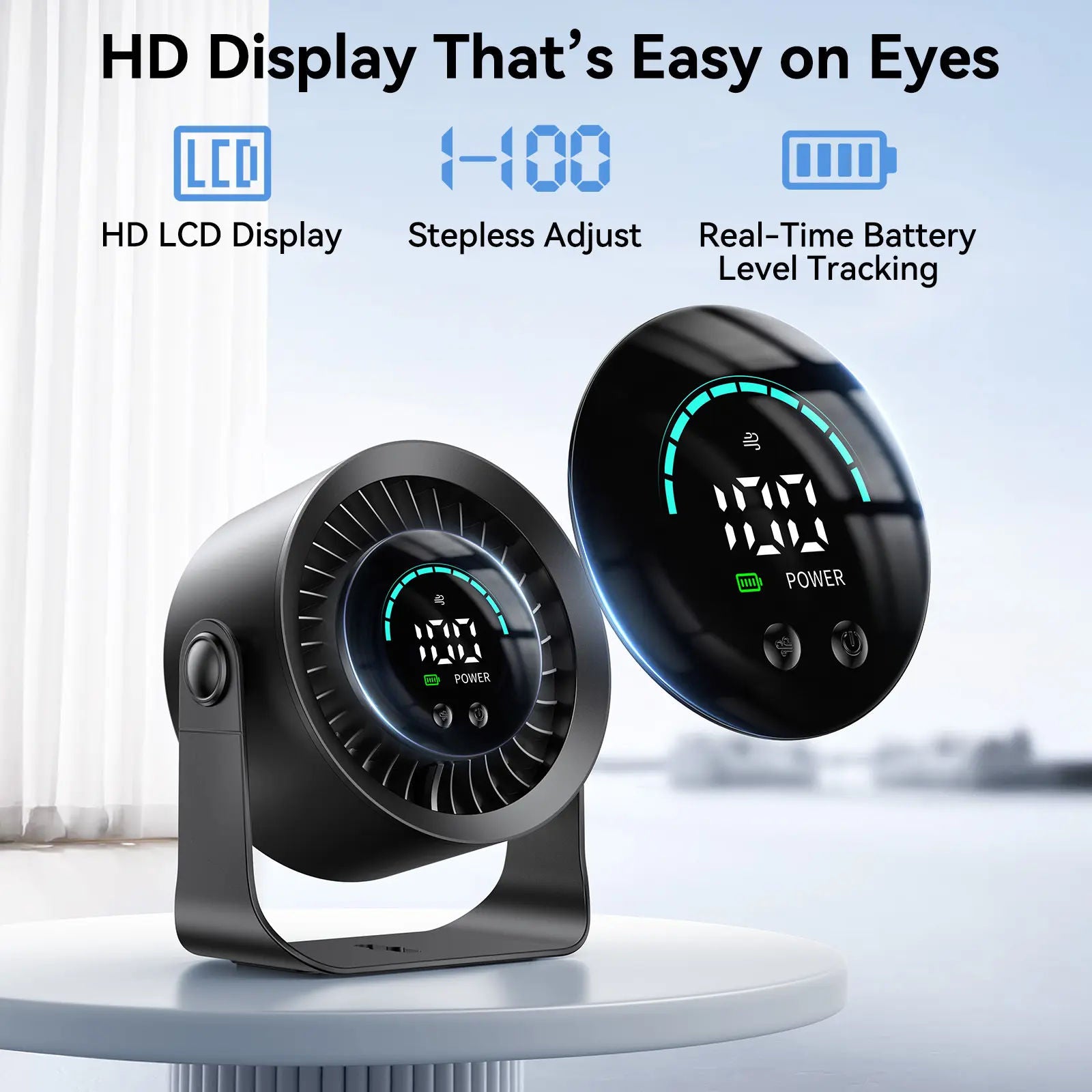 Rechargeable USB Desk Fan with 100 Speeds, 360° Rotation, Wall Mount, LED Display