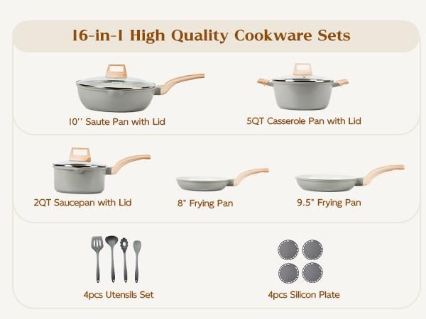 16-Piece Non-Toxic PFAS-Free Ceramic Cookware Set