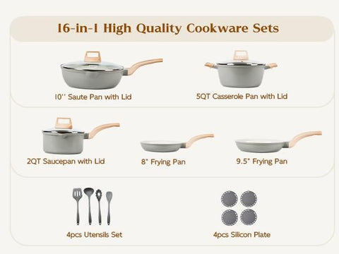 16-Piece Non-Toxic PFAS-Free Ceramic Cookware Set