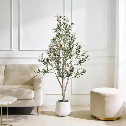Artificial Olive Tree with White Planter and Natural Wood Trunk