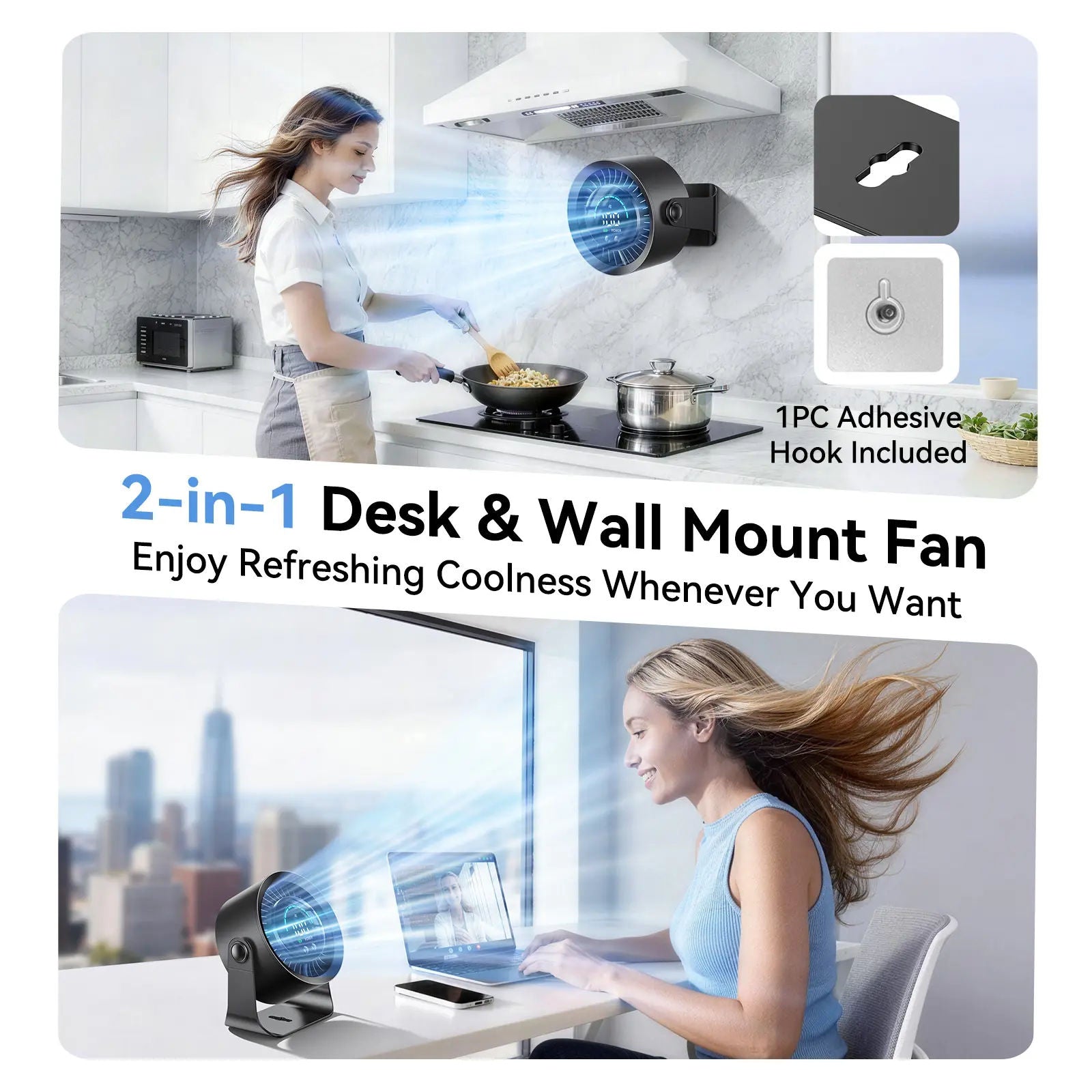 Rechargeable USB Desk Fan with 100 Speeds, 360° Rotation, Wall Mount, LED Display