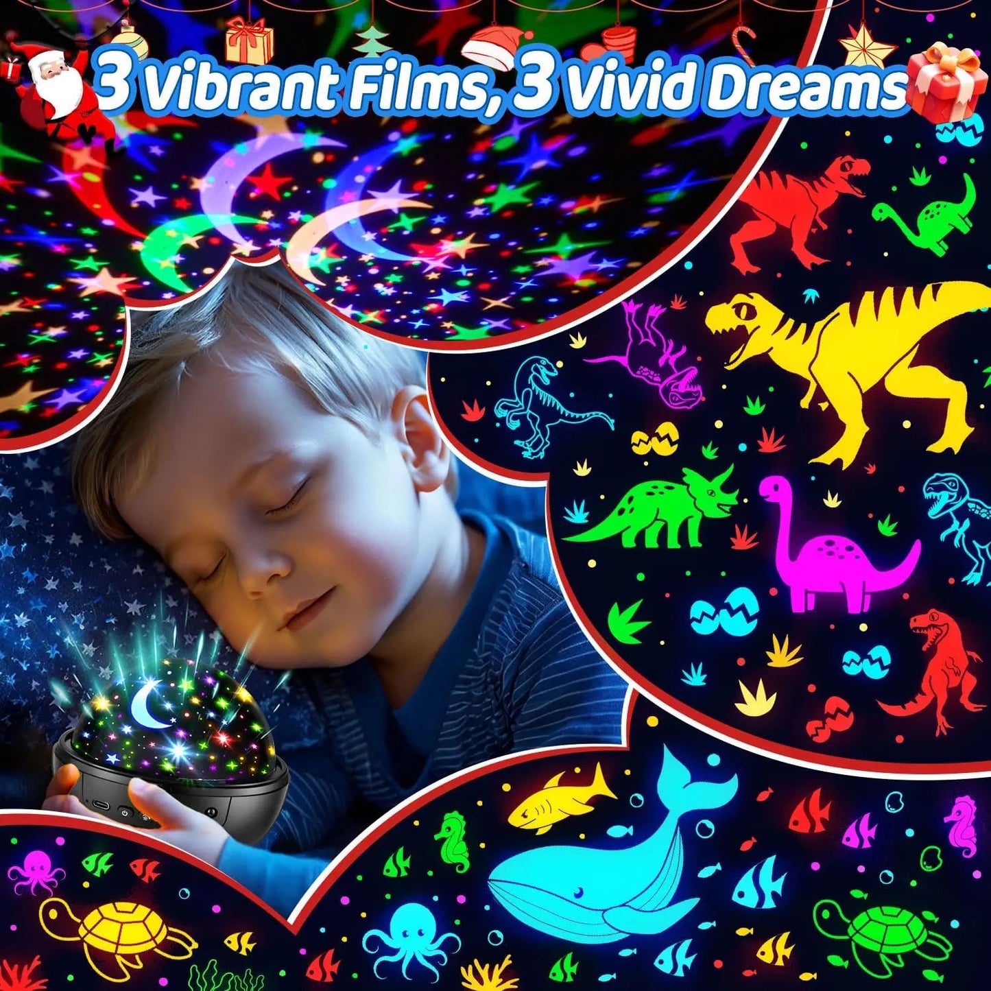 5-in-1 Kids Night Light Projector | 91 Lighting, 3 Films, Remote, Dimmable, 360° Rotation