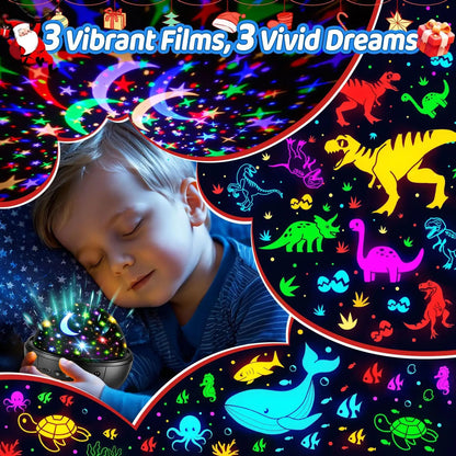 5-in-1 Kids Night Light Projector | 91 Lighting, 3 Films, Remote, Dimmable, 360° Rotation