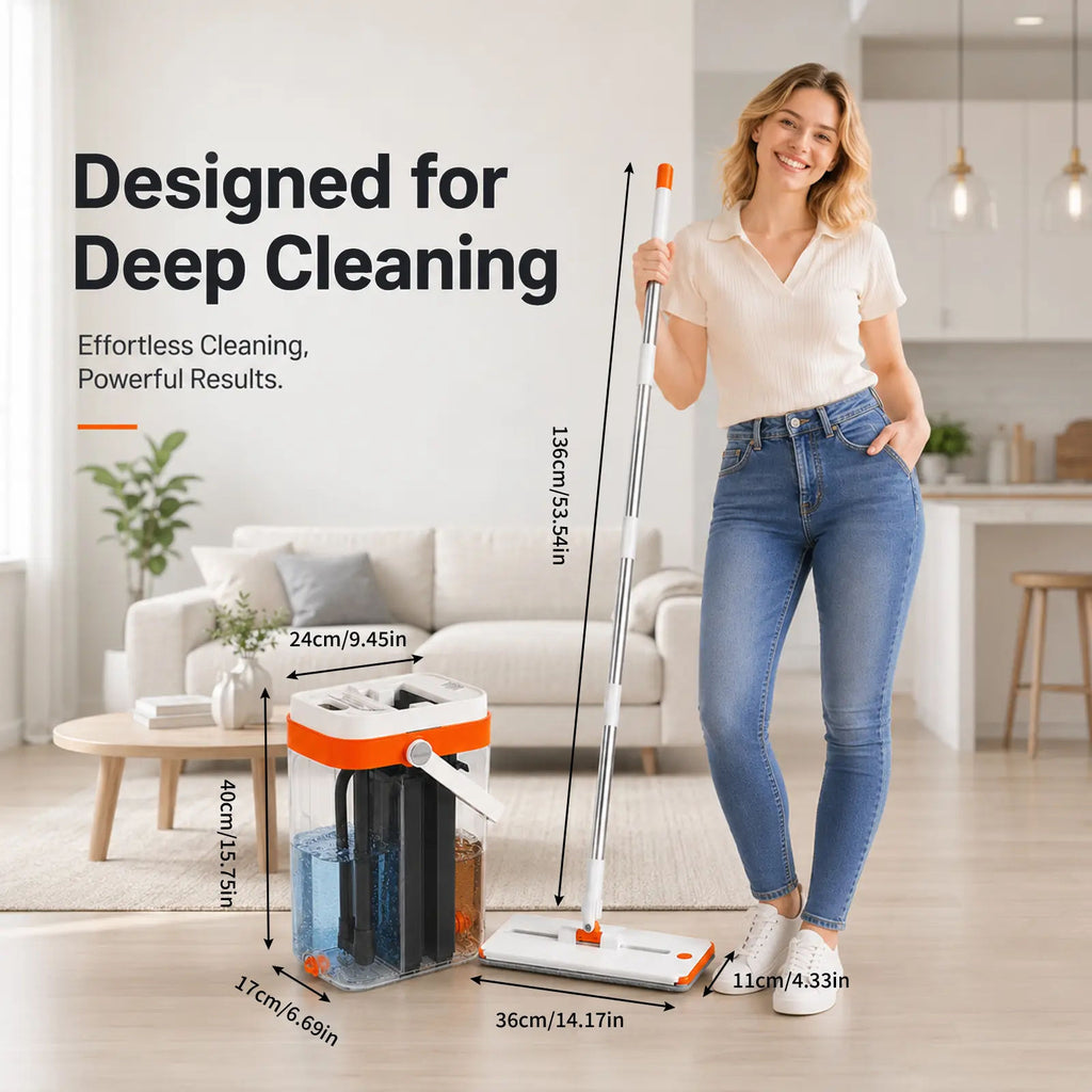 3-Tank Hands-Free Flat Mop and Bucket Set with Clean-Dirty Water Separation