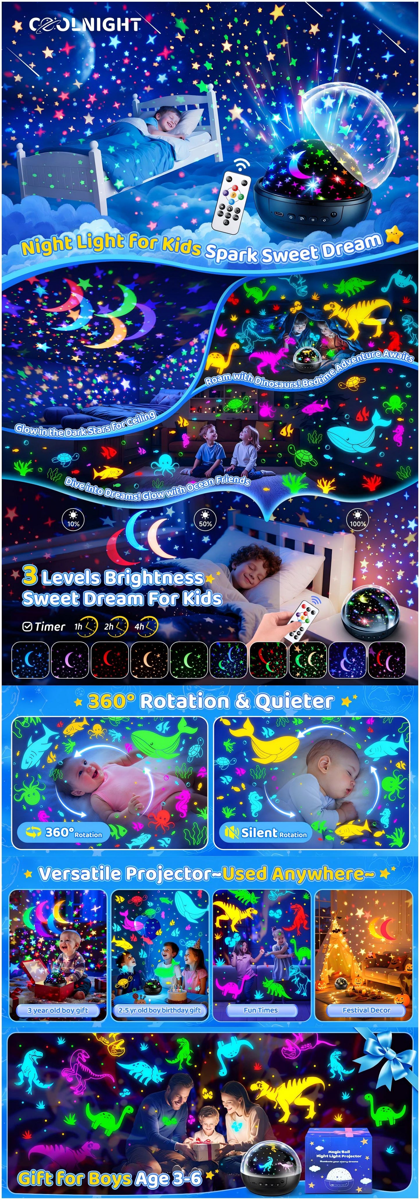 5-in-1 Kids Night Light Projector | 91 Lighting, 3 Films, Remote, Dimmable, 360° Rotation