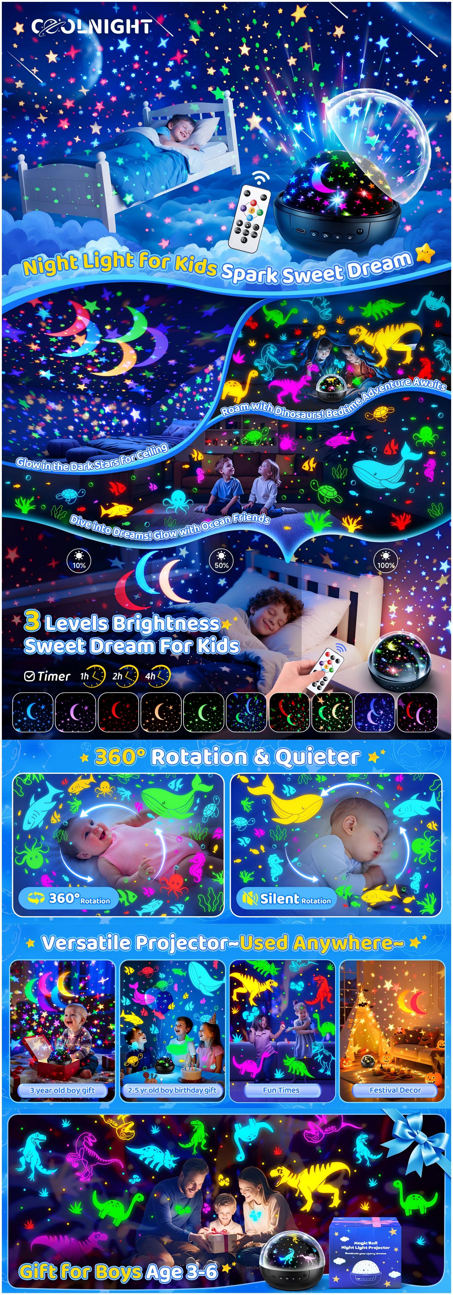 5-in-1 Kids Night Light Projector | 91 Lighting, 3 Films, Remote, Dimmable, 360° Rotation