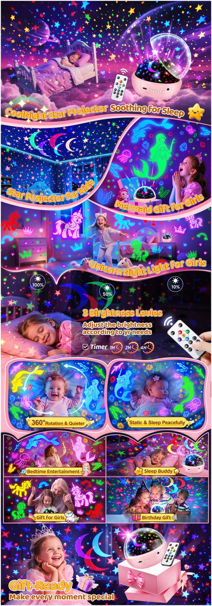 5-in-1 Kids Night Light Projector | 91 Lighting, 3 Films, Remote, Dimmable, 360° Rotation