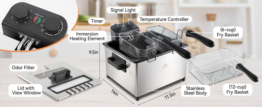 5.3 Qt Stainless Steel Electric Deep Fryer with Basket, 1700W, Time & Temperature Control, 3 Frying Baskets, Lid with View Window and Odor Free Filter