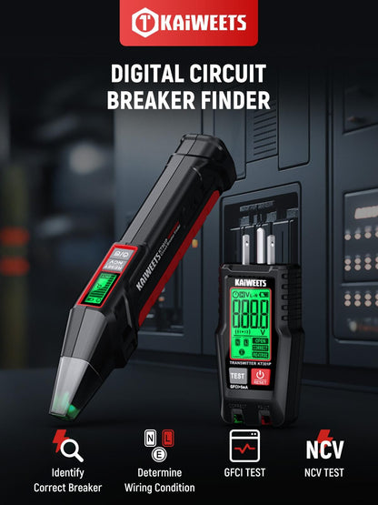 AC Circuit Breaker Finder Tool with Alert LCD Display | 2-Piece Set Electric Tester and Voltage Tester with Transmitter and Receiver, NCV Function & Flashlight, Non-Contact Cable Tester and Integrated GFCI Outlet Tester, Tool Kit