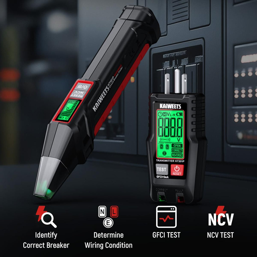 AC Circuit Breaker Finder Tool with Alert LCD Display | 2-Piece Set Electric Tester and Voltage Tester with Transmitter and Receiver, NCV Function & Flashlight, Non-Contact Cable Tester and Integrated GFCI Outlet Tester, Tool Kit