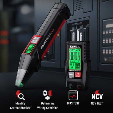 AC Circuit Breaker Finder Tool with Alert LCD Display | 2-Piece Set Electric Tester and Voltage Tester with Transmitter and Receiver, NCV Function & Flashlight, Non-Contact Cable Tester and Integrated GFCI Outlet Tester, Tool Kit
