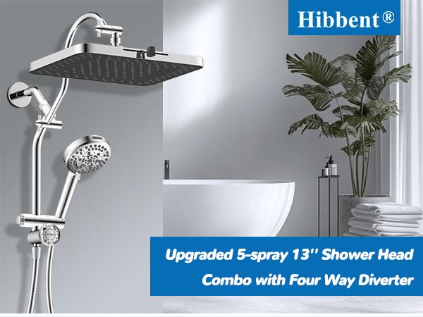 13-Inch 5-Jet Fixed Shower Head Combo | 10-Mode Handheld, 12-Inch Extension Arm, 4-Way Diverter, 71-Inch Hose