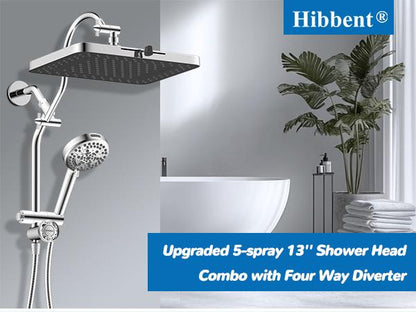 13-Inch 5-Jet Fixed Shower Head Combo | 10-Mode Handheld, 12-Inch Extension Arm, 4-Way Diverter, 71-Inch Hose