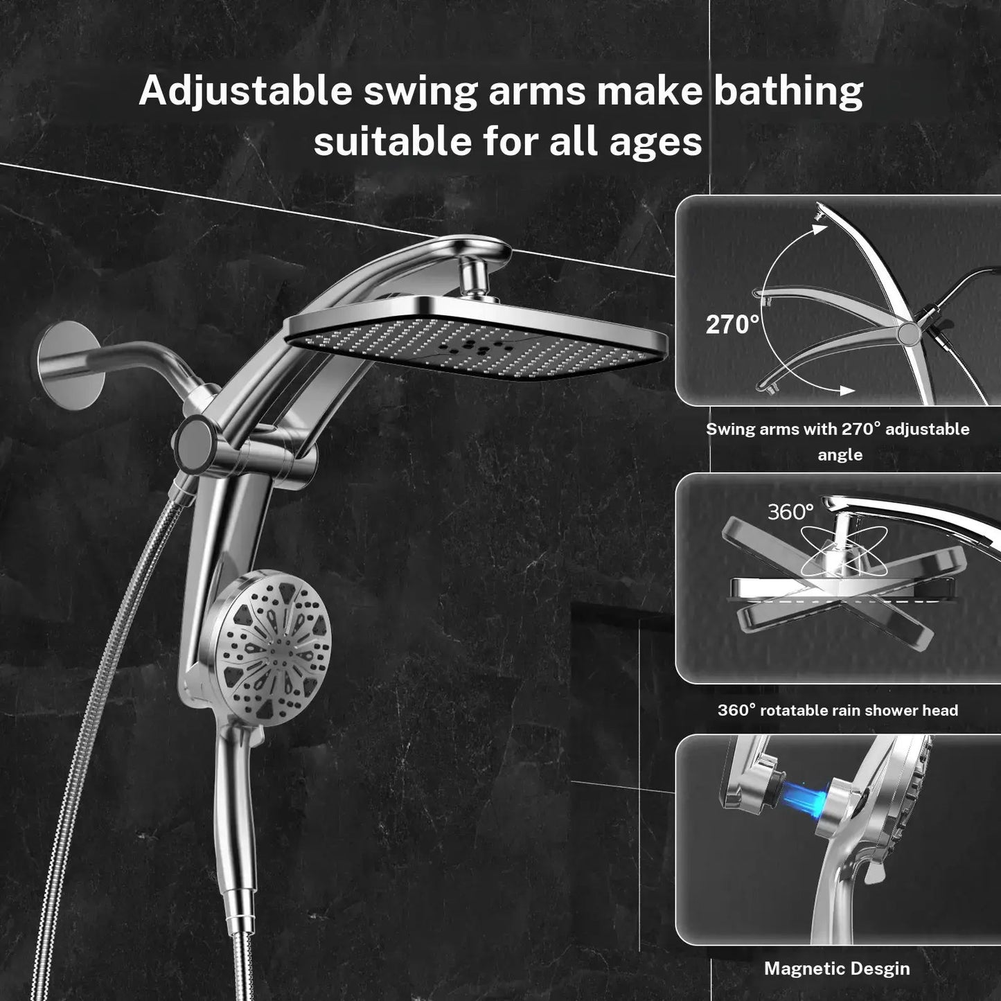 Dock-Free Dual Rain Shower Head Combo - 12" High-Pressure Rainfall Shower