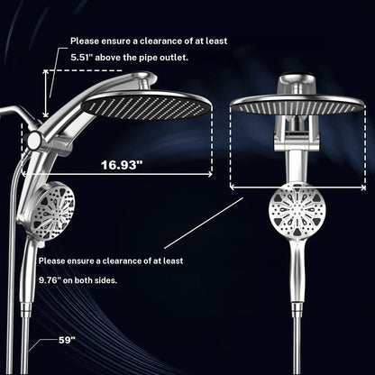 Dock-Free Dual Rain Shower Head Combo - 12" High-Pressure Rainfall Shower