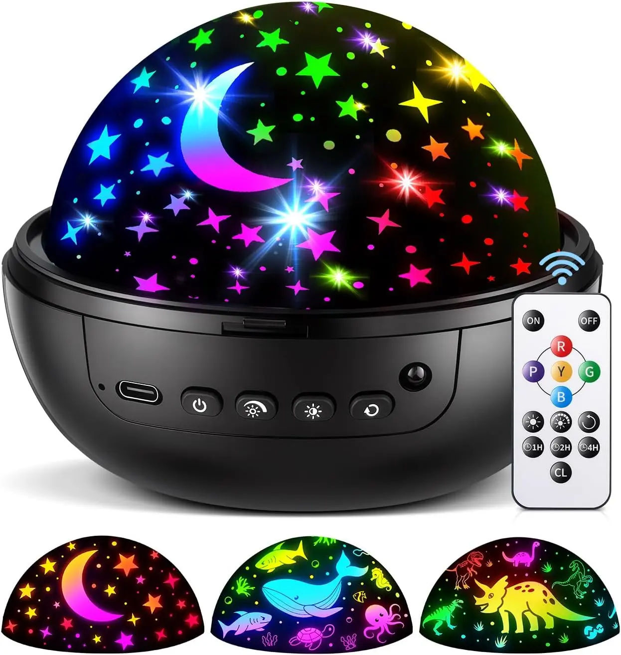 5-in-1 Kids Night Light Projector | 91 Lighting, 3 Films, Remote, Dimmable, 360° Rotation