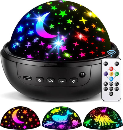 5-in-1 Kids Night Light Projector | 91 Lighting, 3 Films, Remote, Dimmable, 360° Rotation
