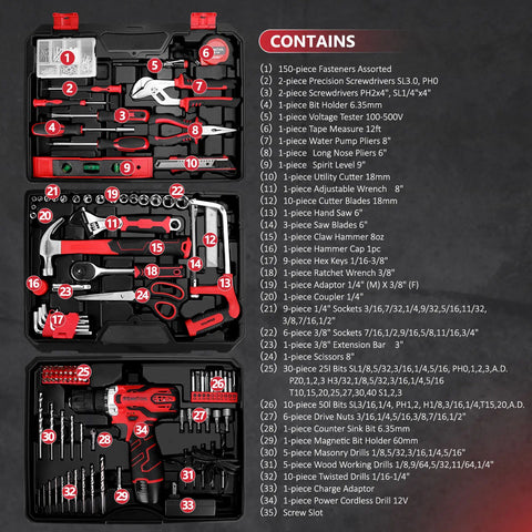 276-Piece Tool Set with 12V Cordless Drill & Storage Case