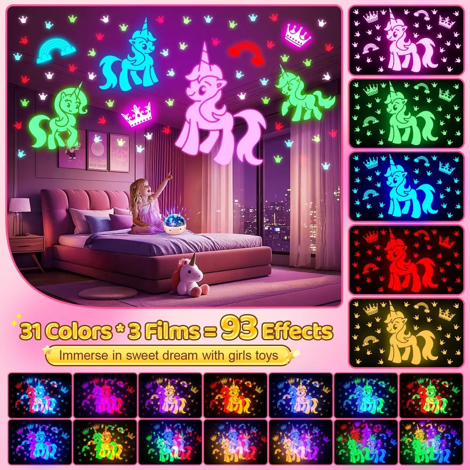 5-in-1 Kids Night Light Projector | 91 Lighting, 3 Films, Remote, Dimmable, 360° Rotation