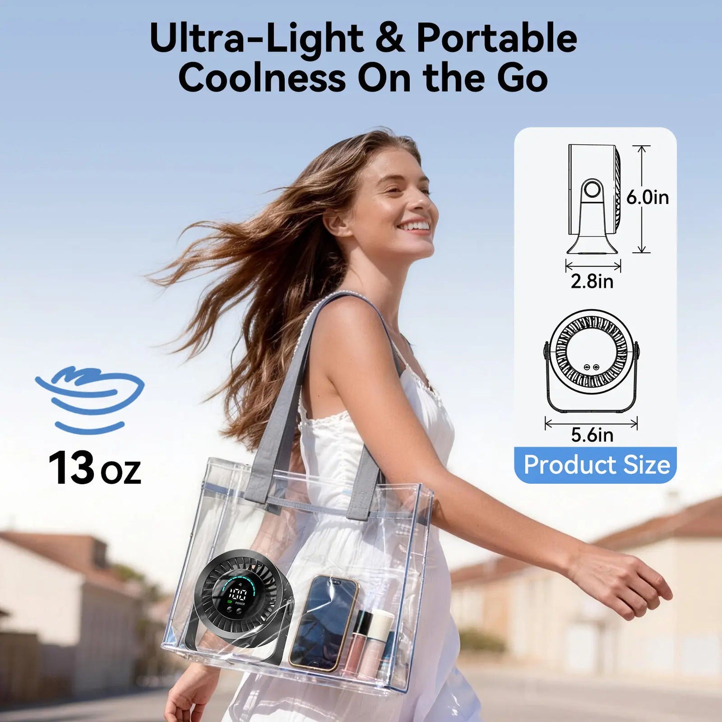 Rechargeable USB Desk Fan with 100 Speeds, 360° Rotation, Wall Mount, LED Display