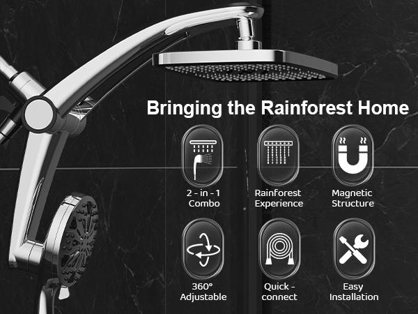 Dock-Free Dual Rain Shower Head Combo - 12" High-Pressure Rainfall Shower