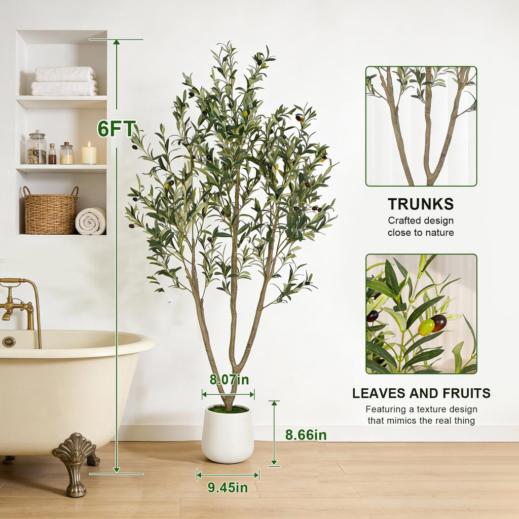 Artificial Olive Tree with White Planter and Natural Wood Trunk