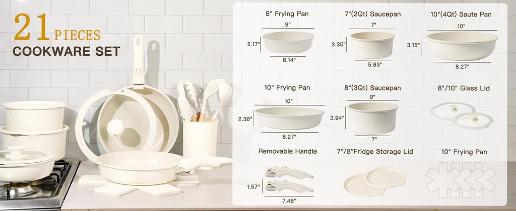 20-Piece Non-Stick Pots and Pans Set with Detachable Handle, Oven Safe, Stackable