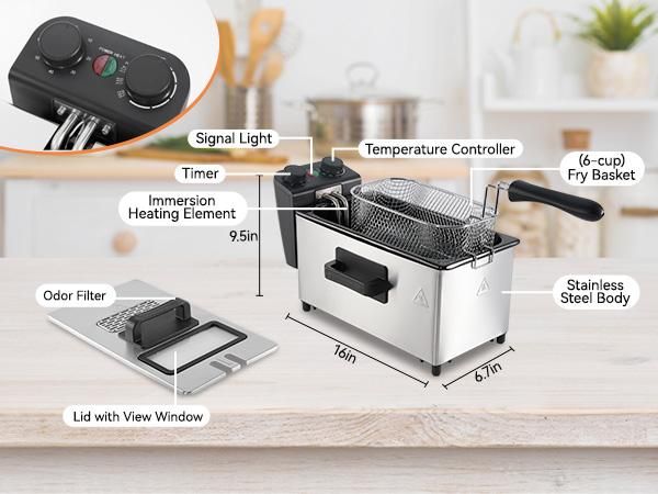 5.3 Qt Stainless Steel Electric Deep Fryer with Basket, 1700W, Time & Temperature Control, 3 Frying Baskets, Lid with View Window and Odor Free Filter